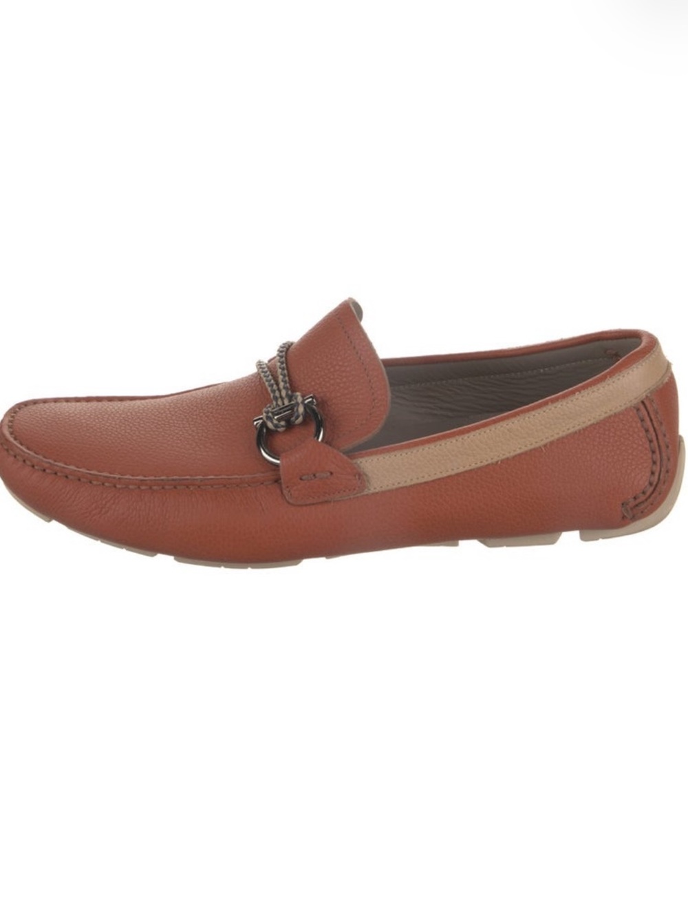 Salvatore Ferragamo Rust Brown Leather Bit Driving Loafers with Tan Trim